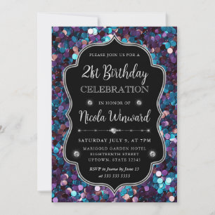 Invitación Cumpleaños de Sirena con Lentejuelas Moradas y Azu