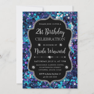 Invitación Cumpleaños de Sirena con Lentejuelas Moradas y Azu