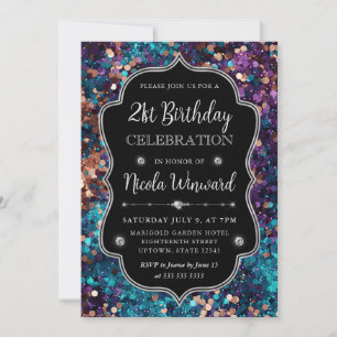 Invitación Cumpleaños de Sirena con Lentejuelas Moradas y Azu