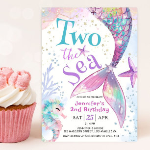 Invitación Cumpleaños de sirena de 2 años para niña Dos al ma