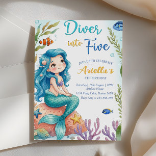 Invitación Cumpleaños de sirena de 5 años Invitaci