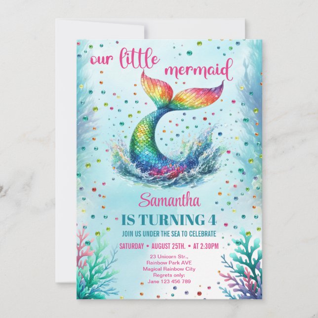 Invitación Cumpleaños de sirena de arcoíris con acuarela chic (Anverso)