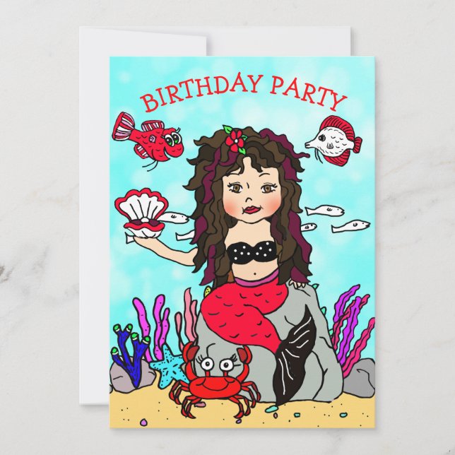 Invitación Cumpleaños de Sirena de Cabello Negro Bajo el Mar (Anverso)