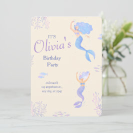 Invitación Cumpleaños de sirena de niña minimalista azul y cr