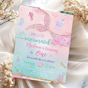 Invitación Cumpleaños de Sirena de Oro Rosa Bajo El Mar