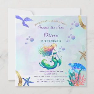 Invitación Cumpleaños de Sirena de Oro y Púrpura bajo el Mar