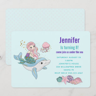 Invitación Cumpleaños de Sirena Montando un Delfín Bajo el Ma