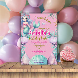 Invitación Cumpleaños de sirena morada y rosa bajo el mar