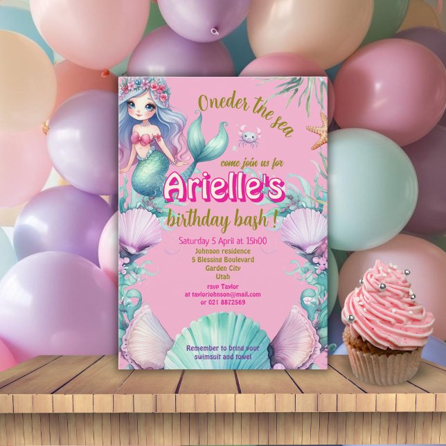 Invitación Cumpleaños de sirena morada y rosa bajo el mar (Subido por el creador)