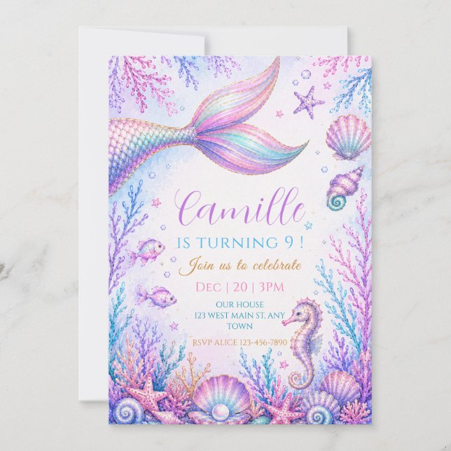 Invitación Cumpleaños de Sirena Pastel Bajo el Mar (Anverso)