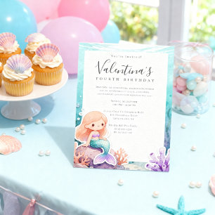 Invitación Cumpleaños de Sirena Pastel Cute Kawaii Bajo el Ma