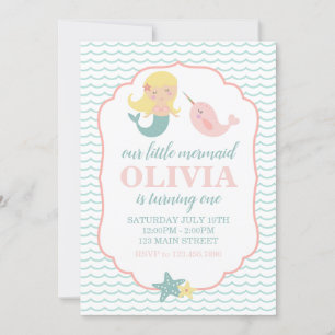 Invitación Cumpleaños de sirena pastel rosa primero