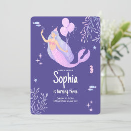 Invitación Cumpleaños de Sirena Pastel Rosa Púrpura