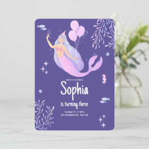 Invitación Cumpleaños de Sirena Pastel Rosa Púrpura