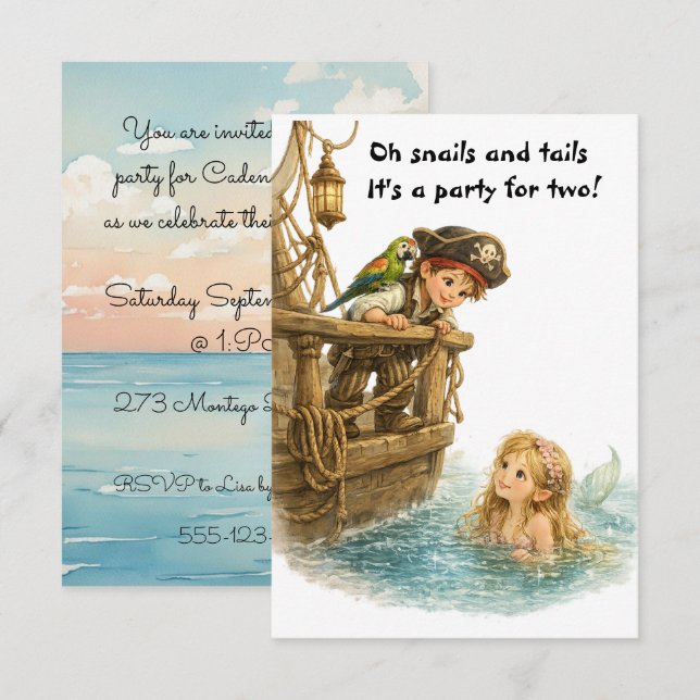 Invitación Cumpleaños de Sirena Pirata digital (Anverso / Reverso)