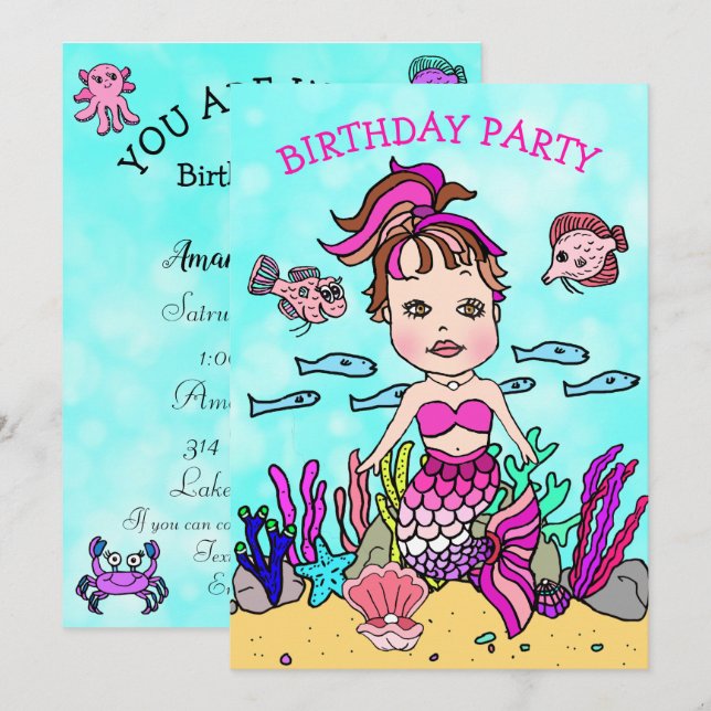 Invitación Cumpleaños de Sirena Rosa Bajo el Mar (Anverso / Reverso)