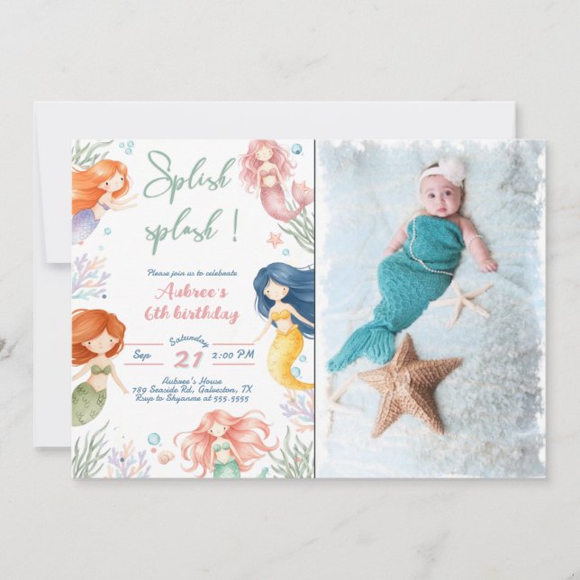 Invitación Cumpleaños de sirena Splish Splash 6 (Anverso)