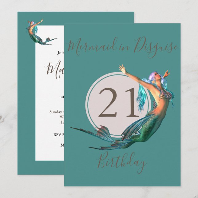 Invitación Cumpleaños de sirena temática para 21 años (Anverso / Reverso)