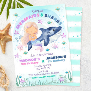 Invitación Cumpleaños de Sirena y Tiburón Bajo el Mar