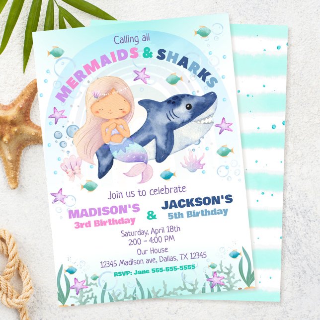 Invitación Cumpleaños de Sirena y Tiburón Bajo el Mar (Subido por el creador)