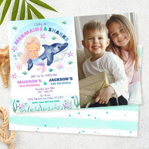 Invitación Cumpleaños de Sirena y Tiburón bajo el Mar con Fot