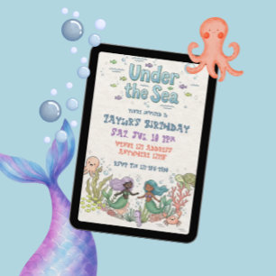 Invitación Cumpleaños de Sirenas de Colores Bajo El Mar