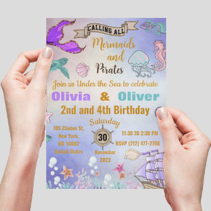 Invitación Cumpleaños de Sirenas y Piratas Gemelas Lindas
