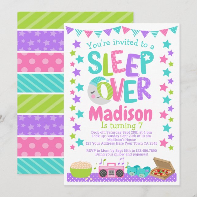 Invitación Cumpleaños de Sleepover (Anverso / Reverso)
