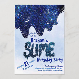 Invitación Cumpleaños de Slime, Purpurina azul de pizarra de 
