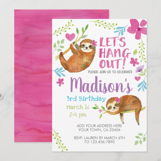 Invitación Cumpleaños de Sloth (Anverso / Reverso)