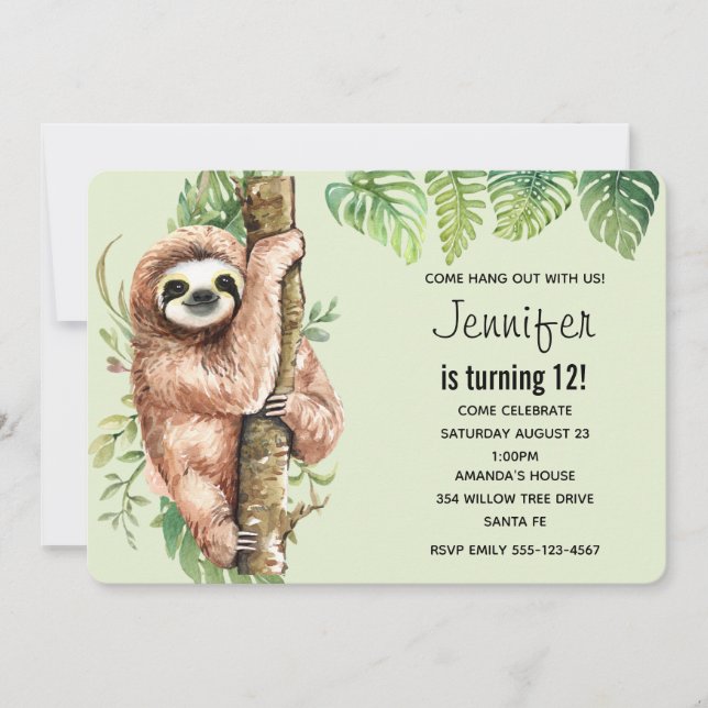 Invitación Cumpleaños de Sloth & Hojas Tropicales de Acuarela (Anverso)