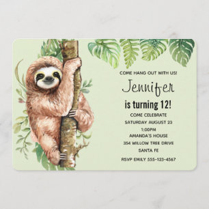 Invitación Cumpleaños de Sloth & Hojas Tropicales de Acuarela