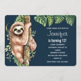Invitación Cumpleaños de Sloth y Hojas Tropicales de Acuarela