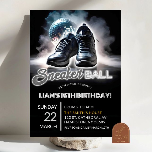 Invitación Cumpleaños de Sneakerball plateado y blanco Disco (Subido por el creador)