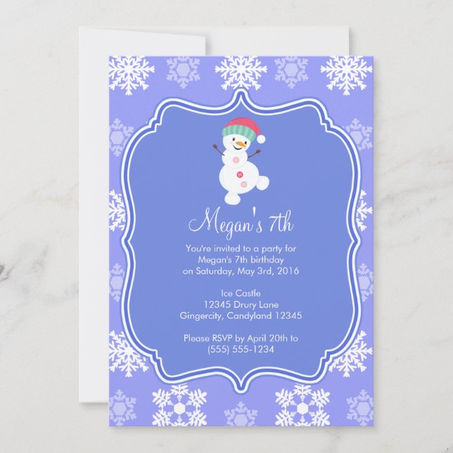 Invitación Cumpleaños de Snowflake Winter Snowman congelado (Anverso)