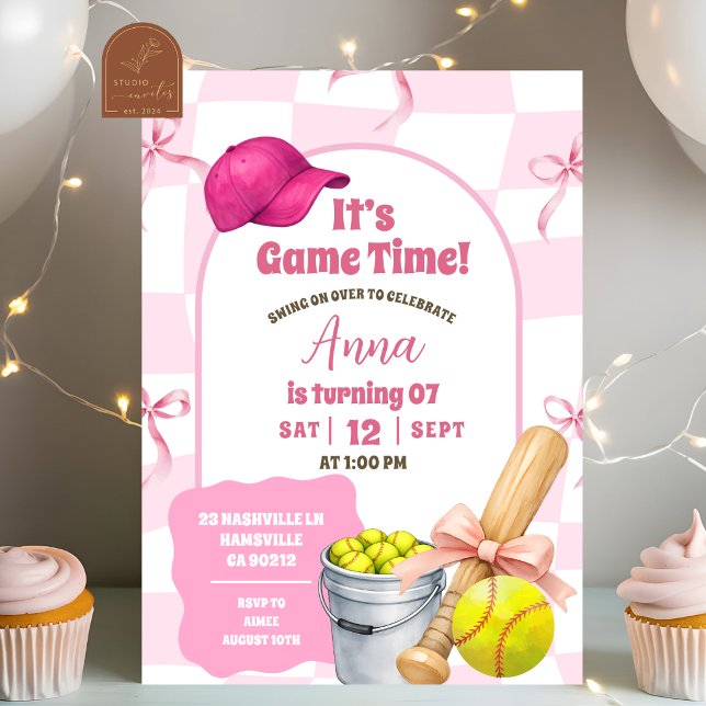 Invitación Cumpleaños de Softbol con Lazo Retro Ondulado Rosa (Subido por el creador)