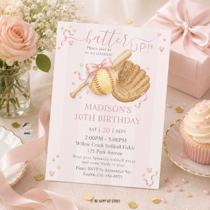 Invitación Cumpleaños de Sóftbol Lazo Rosa Niña Coqueta