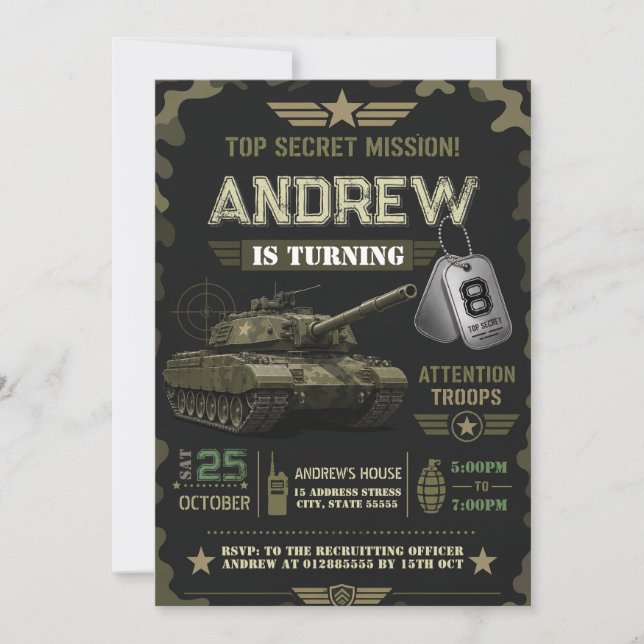Invitación Cumpleaños de soldado moderno personalizado (Anverso)