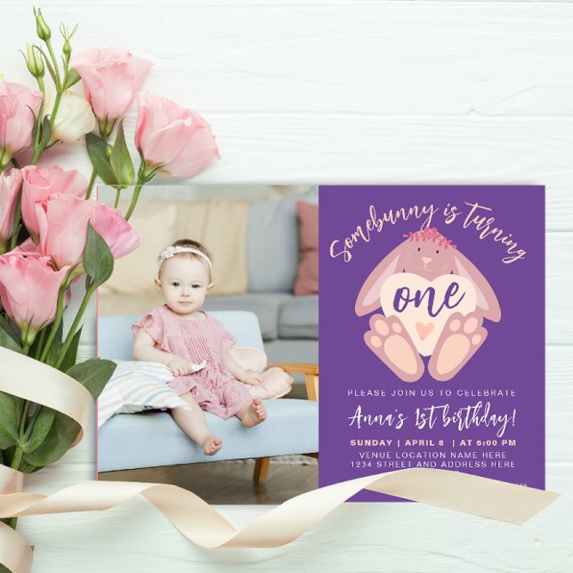 Invitación Cumpleaños de Somebunny Cute Bunny Corazón Púrpura (Subido por el creador)