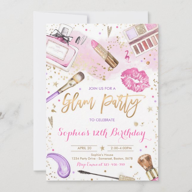 Invitación Cumpleaños de Spa de Maquillaje Glam Rosa Claro (Anverso)