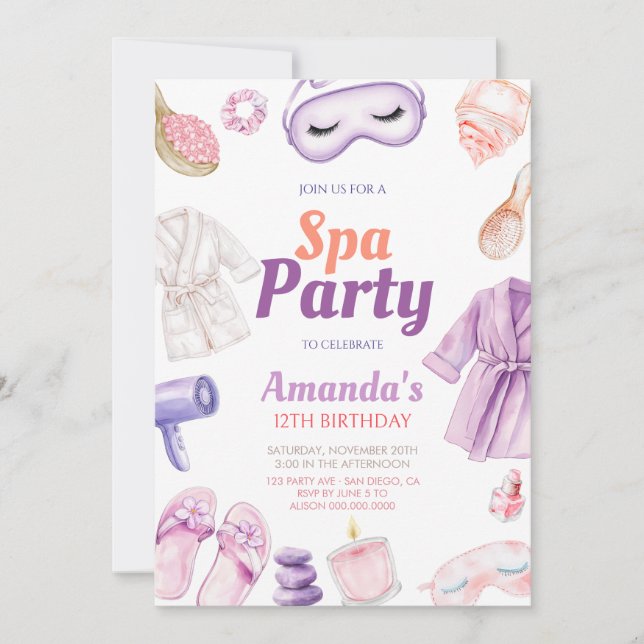 Invitación Cumpleaños de Spa para Niñas (Anverso)