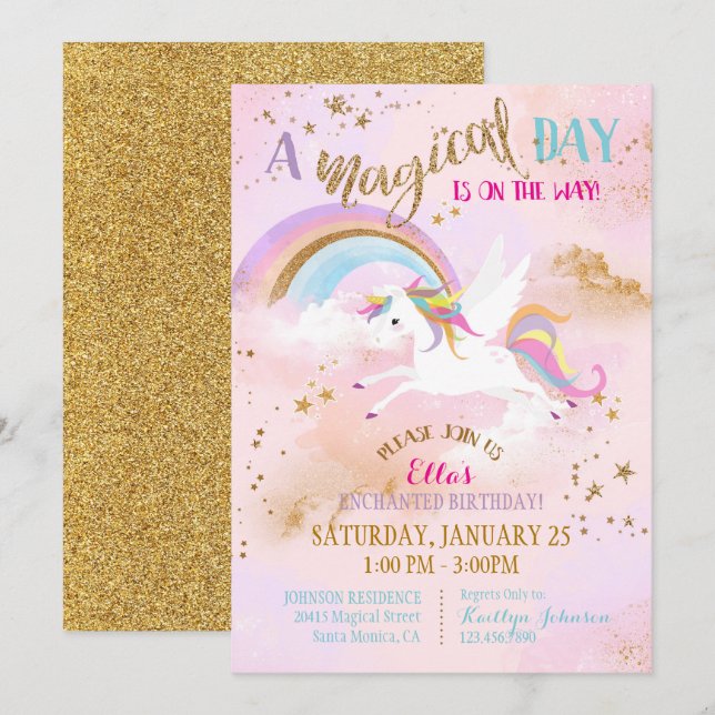 Invitación Cumpleaños de Sparkle Magical Unicorn Pegasus (Anverso / Reverso)