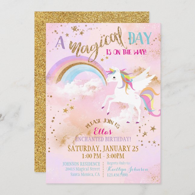 Invitación Cumpleaños de Sparkle Magne Unicorn Pegasus (Anverso / Reverso)