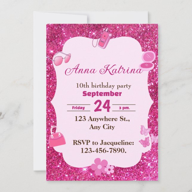 Invitación cumpleaños de Sparkle y Glamour Girly Purpurina (Anverso)