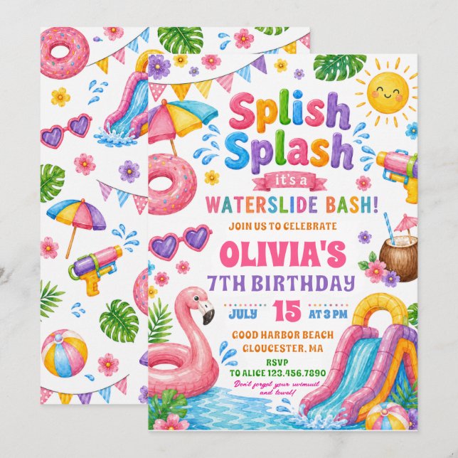 Invitación Cumpleaños de Splash Splash Waterslide Bash (Anverso / Reverso)