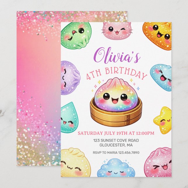 Invitación Cumpleaños de Squish Girl Glitter Dumpling (Anverso / Reverso)