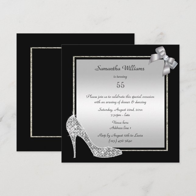 Invitación Cumpleaños de Stiletto de Diamante y Plata Románti (Anverso / Reverso)