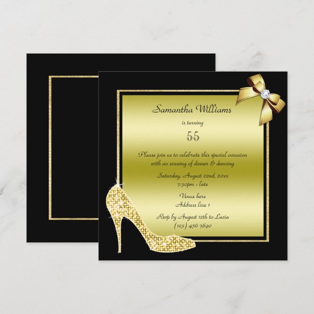 Invitación Cumpleaños de Stiletto de Diamante y Romántico Oro (Anverso / Reverso)
