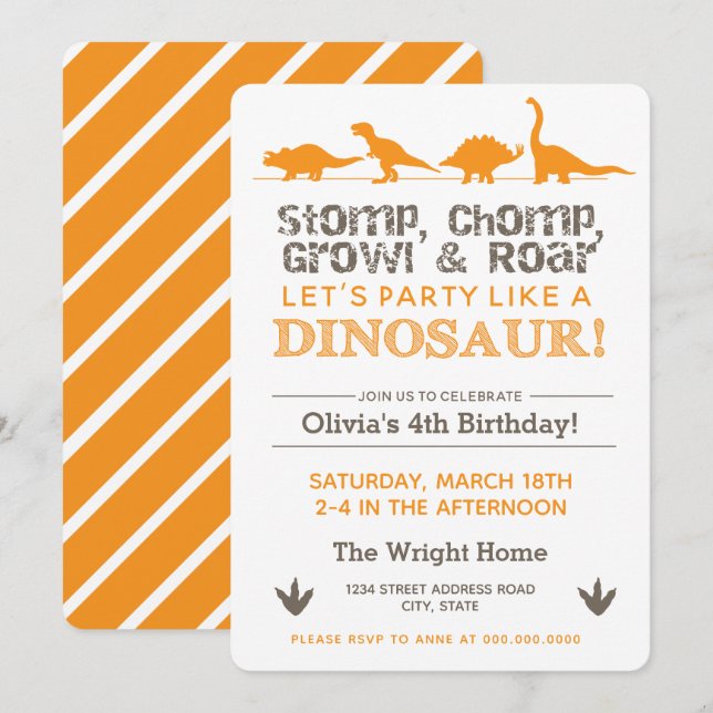 Invitación Cumpleaños de Stomp Chomp Growl y Roar Dinosaur (Anverso / Reverso)