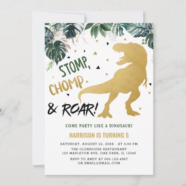 Invitación Cumpleaños de Stomp y Chomp Gold Dinosaur (Anverso)